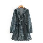 Long-sleeve Ruffled Leopard Print Mini A-line Dress