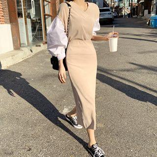 Set: Balloon-sleeve Corduroy Top + Long Skirt