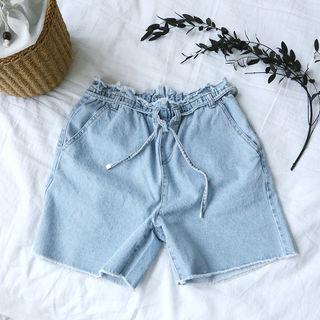 Distressed Band-waist Denim Shorts With Sash