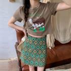 Short-sleeve Cow Print Cropped T-shirt / Print Mini Pencil Skirt