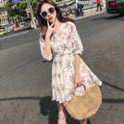 Elbow-sleeve Floral Printed A-line Dress