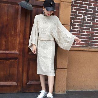 Set: Cable-knit Loose-fit Sweater + Knit Skirt