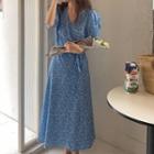 Bell-sleeve Tie-waist Floral Maxi Dress Blue - One Size
