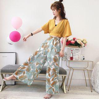 Set: Short-sleeve Crop Top + Print Chiffon Wide-leg Pants