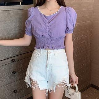 Puff-sleeve Smocked Cropped Blouse