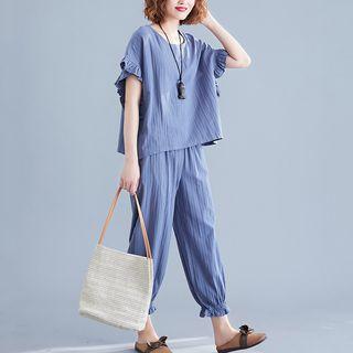 Set: Short-sleeve Ribbed Top + Harem Pants