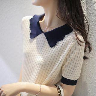 Short-sleeve Contrast Collar Knit Top Navy Blue & White - One Size