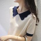 Short-sleeve Contrast Collar Knit Top Navy Blue & White - One Size