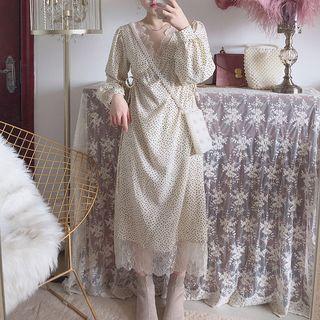 V-neck Dotted Long-sleeve Midi A-line Dress Light Almond - One Size