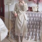 V-neck Dotted Long-sleeve Midi A-line Dress Light Almond - One Size