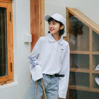Polo-neck Long Sleeve Letter Print T-shirt