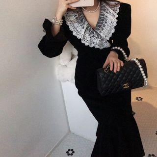 Long-sleeve Lace Panel Velvet Midi Mermaid Sheath Dress Black - One Size