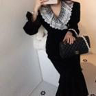 Long-sleeve Lace Panel Velvet Midi Mermaid Sheath Dress Black - One Size