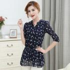 Elbow-sleeve Floral Chiffon Blouse