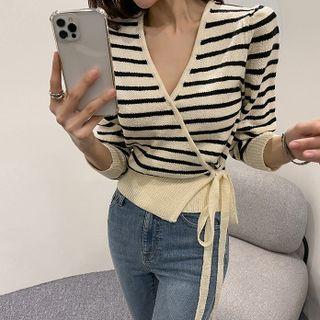 V-neck Stripe Wrap Knit Top