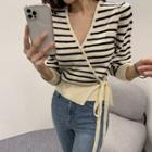V-neck Stripe Wrap Knit Top