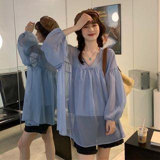 Set: V-neck Blouse + Camisole Top Set - Blouse - Light Blue - One Size / Camisole Top - Light Blue - One Size