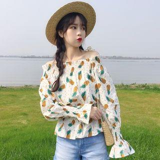 Pineapple Print Smocked Blouse As Shown In Figure - One Size