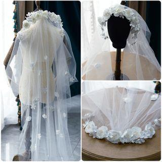 Set: Flower Wedding Veil + Earring Set - White - One Size