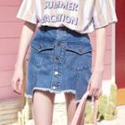 Fray-hem Button-front Denim Skirt