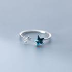 Rhinestone Open Ring 1 Pc - S925 Silver - Silver & Blue - One Size