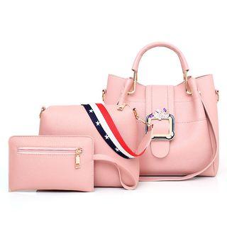 Set: Faux-leather Shoulder Bag + Striped Strap Shoulder Bag + Pouch