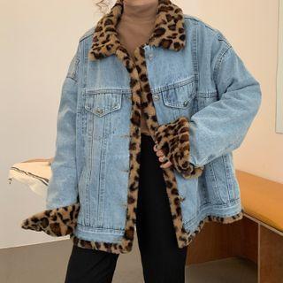 Leopard Print Button Denim Jacket