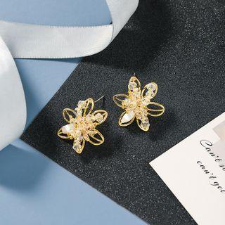 Faux Crystal Flower Earring 1 Pair - S925 Sterling Silver Pin - Faux Crystal Flower Earring - One Size