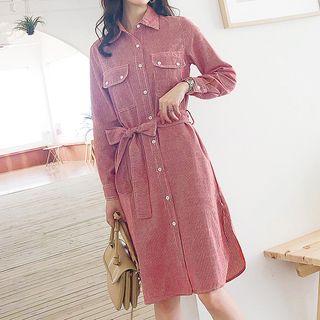 Long-sleeve Pinstriped Shirtdress