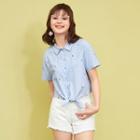 Short-sleeve Tie-front Striped Embroidery Blouse