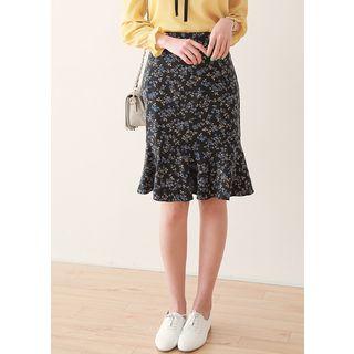 Band-waist Ruffle-hem Floral Skirt