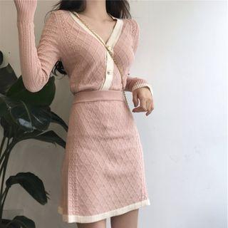 Set: Long-sleeve Contrast Trim Button Knit Top + Mini A-line Skirt