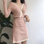 Set: Long-sleeve Contrast Trim Button Knit Top + Mini A-line Skirt