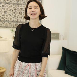Sheer Elbow-sleeve Lightweight Knit Top