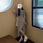 Striped Elbow-sleeve Slit Midi T-shirt Dress As Shown In Figure - One Size