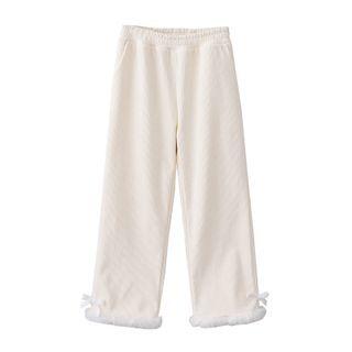 Fluffy Trim Bow-accent Wide Leg Pants
