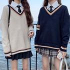 Long-sleeve Shirt / V-neck Sweater / Pleated Mini A-line Skirt