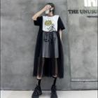 Print Over-sized High Waist Short Sleeve Dress Black - One Size