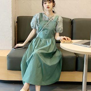 Sleeveless Midi Dress + Short-sleeve Plaid Blouse