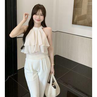 Ruffle Halter Top / High-waist Plain Pants
