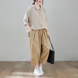 Long-sleeve Striped Shirt / Cropped Wide Leg Pants