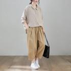 Long-sleeve Striped Shirt / Cropped Wide Leg Pants