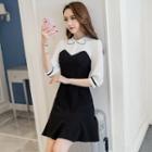 Color Panel Bow Accent 3/4 Sleeve Dress