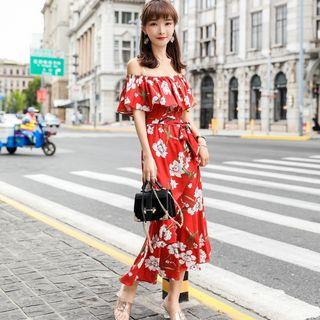 Flower Print Off-shoulder Midi Sheath Dress