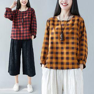 Plaid Round-neck Lantern-sleeve T Shirt