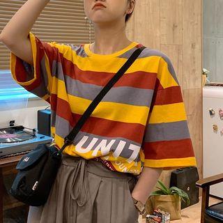 Striped Elbow-sleeve T-shirt Red - One Size