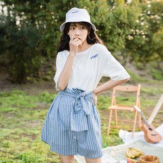 Mock Two-piece Elbow-sleeve Striped Paneled Mini Dress