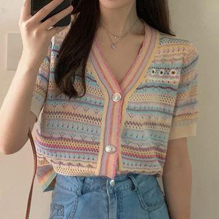 Puff-sleeve Patterned Pointelle Knit Top