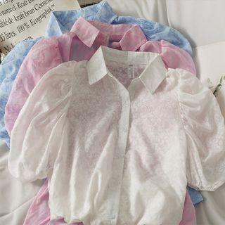Puff-sleeve Printed Sheer Shirt