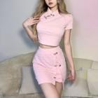 Set: Short-sleeve Frog-button Crop Top + Mini Pencil Skirt